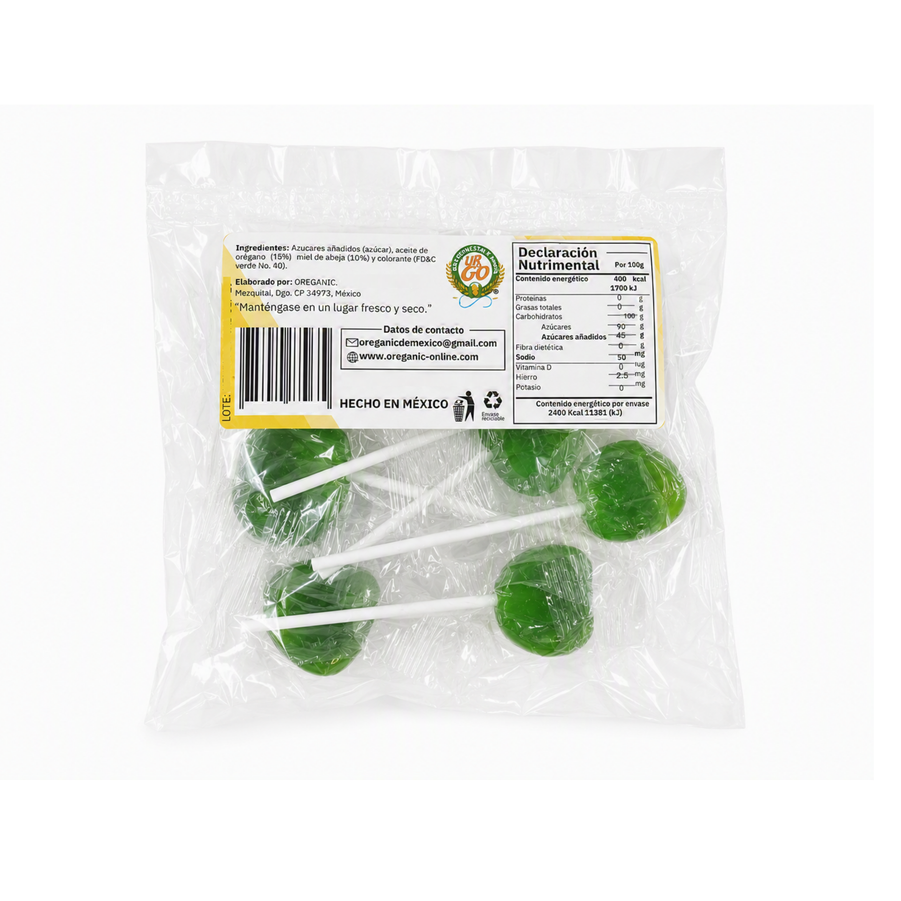 50 Paletas de Orégano con Miel 600gr(5 Bolsas de 10pzas c/u. 60gr cada bolsa